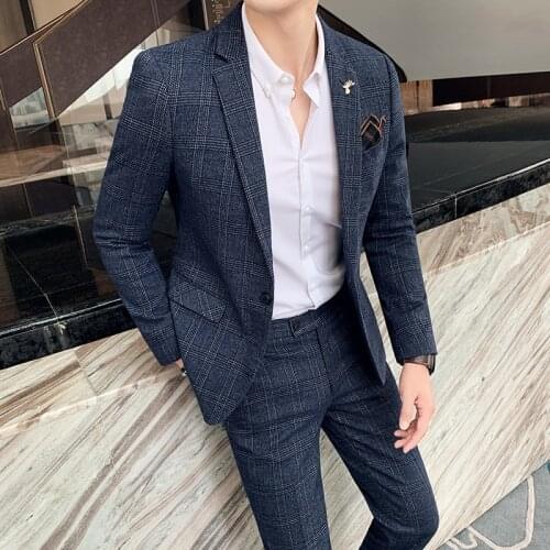 Jacket + Pants ) Boutique Fashion Mens Casual Business Suit High-end Social Formal Suit 2 Pcs Set Groom Wedding male S-7XL