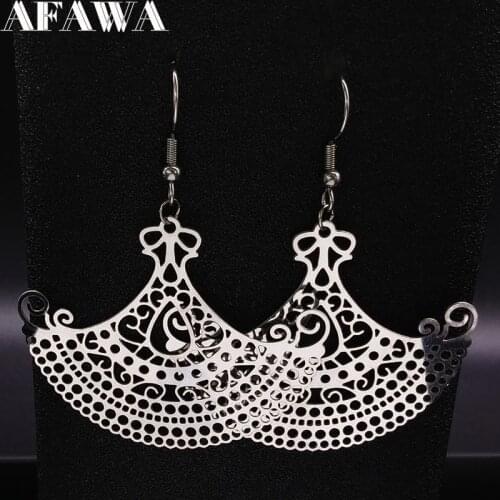Hollow Big Fan Stainless Steel Statement Earrings for Women Silver Color Bohemian Earring Fashion Jewelry pendiente E1600S01