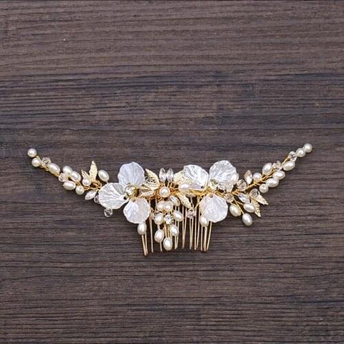 Hair Jewelry For Women Gold Metal Crystal Rhinestone Wedding Bride Hair Comb Clip White Flower Wedding Hair Accessories VL