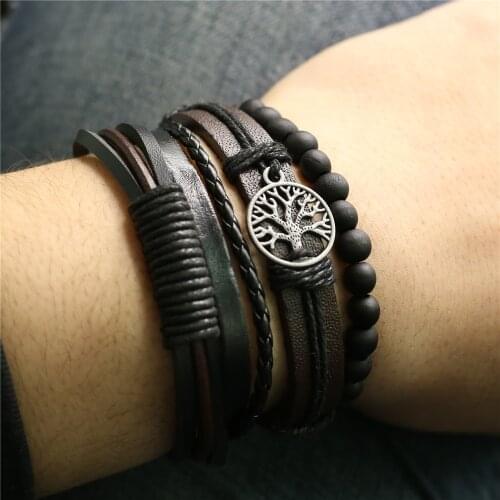 Handmade Tree New Punk 4 pcs/set Vintage Multilayer Wood Beads Rudder Charm Leather Bracelets Men Bracelets Women Homme Jewelry