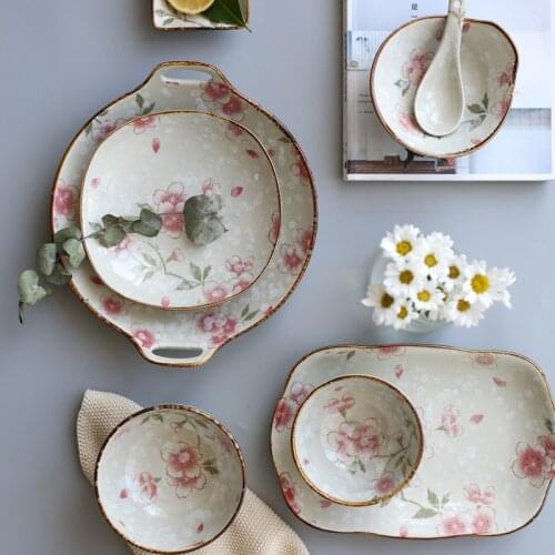 Japanese Cherry Blossom Ceramic Tableware Bowl Plate Single Rice Bowl Large Bowl Soup Bowl Noodle Bowl Creative Personal