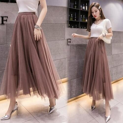 2021 Summer New Elastic High Waist Thin Simple Solid Casual Loose Mesh Long Skirt All-match Women Pleated Skirt Free Shipping