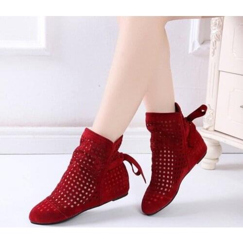 Fashion Womens Summer Boots Flat Low Hidden Wedges Cutout Boots Ladies Dress Casual Shoes Black Red Hollow out Boots Large size