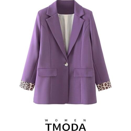 TMODA373 Women Fashion Single Button Patchwork Leopard Blazer Coat Vintage Long Sleeve Pockets Female Outerwear Chic Tops