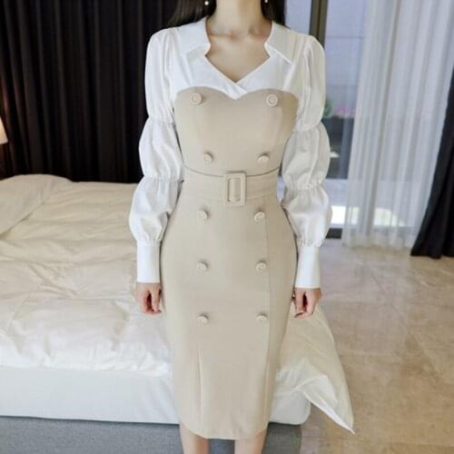 New arrival fashion spring autumn women slim temperament age reduction stitching double breasted lantern sleeve pencil dress