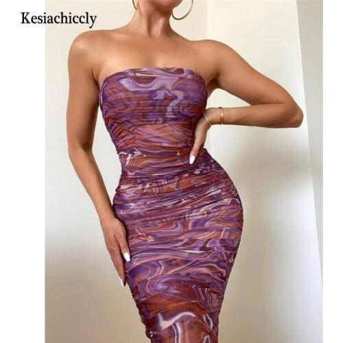 Kesiachiccly Elegant Corset Bustier Bone Ruched Mesh Midi Dresses Party Night Club Sexy Backless Strapless Summer Dress Bodycon
