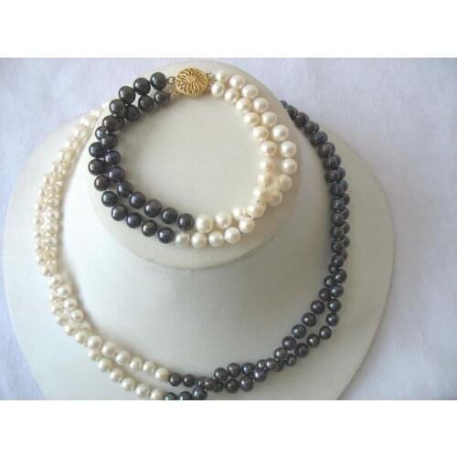 2rows Freshwater Pearl black white near round 6-7mm 18inch necklace bracelet wholesale nature beads FPPJ Gift