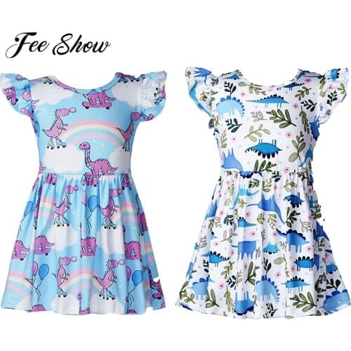 2021 Summer Girls Dress Kids Colorful Cartoon Printed Flying Sleeve O-Neck A-Line Dress Children Casual Cotton Clothing