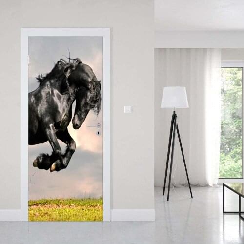 3D Door Sticker Black Horse Galloping For Living Room Bedroom PVC Self Adhesive Wallpaper Vinyl Waterproof Wall Stickers