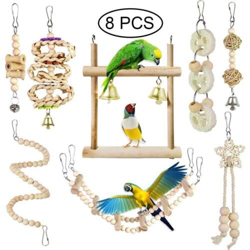 8 Pcs Green Pet Supplies Bird Parrot Training Toys Peck Gnawing Toy Set Birds Stand Playground Accessories Swing