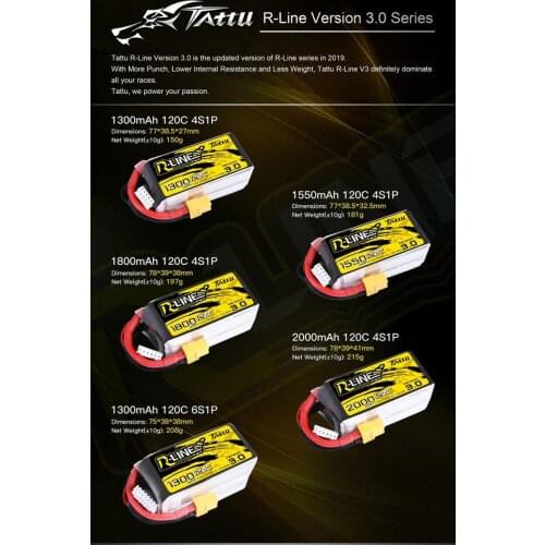 TATTU R-Line Version 3.0 V3 4S 6S 1300/1550/1800/2000mAh 120C 14.8V Lipo Battery with XT60 Plug for FPV Racing Drone Quadcopter