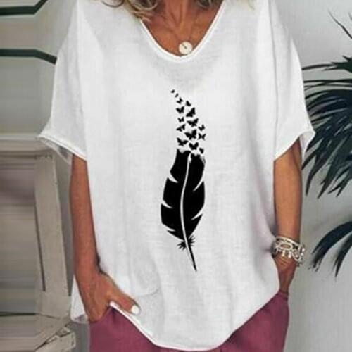 Spring Feather Print Linen Cotton Blouses Women Sexy V Neck Irregular Shirts Pullover Ladies Autumn Batwing Sleeve Loose Tops