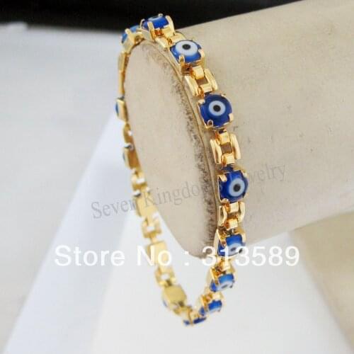 Foromance/ 8.2" YELLOW GOLD GP OVERLAY FILLED WITH BRASS EVIL EYE BRACELET BLUE STONE/GREAT GIFT