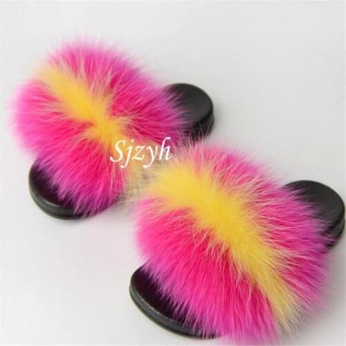 Childrens Summer Fox Fur Slippers Girl Luxury Fluffy Fur Slides Kids Rainbow Furryy Flip Flops Baby Plush Sandals Home Shoes