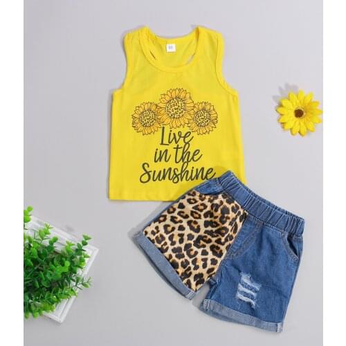 FOCUSNORM 2pcs Infant Baby Girls Clothes Sets Sunflowers Letter Sleeveless Vest Tops Leopard Denim Shorts 1-4Y