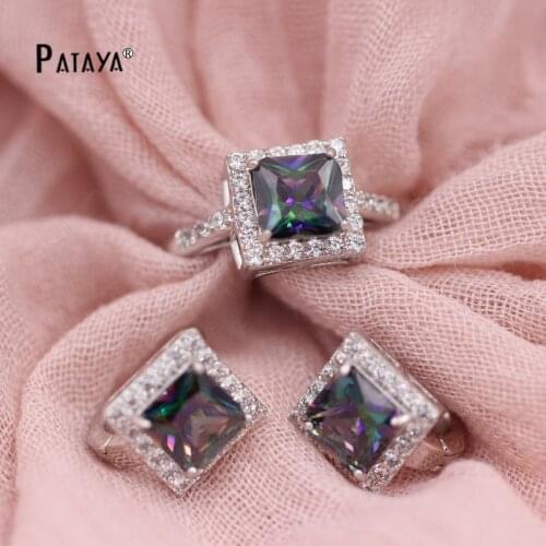 PATAYA True White Gold Square Dubai Jewelry Set Natural Zircon Ring Earrings Set Bride Wedding Summer Refinement Rainbow Jewelry