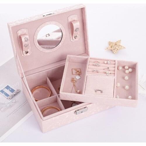 European-style Leather Jewelry Storage Box with Lock and Mirror Simple Earrings Earrings Jewelry Box Multi-flannel Storage Box