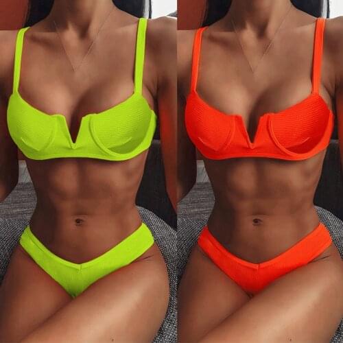 Bathing suit 2020 beachwear push up sexy swimming suit for women V collar split swimsuit low waist bikini Orange maillot biquine