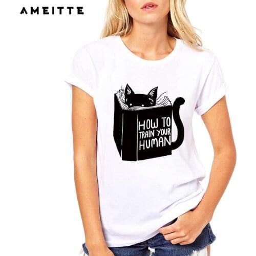 AMEITTE Summer Tops How To Train Your Human Books Print T-Shirt Funny Cat Reading Design Casual Tops Cute Women Girl Tees