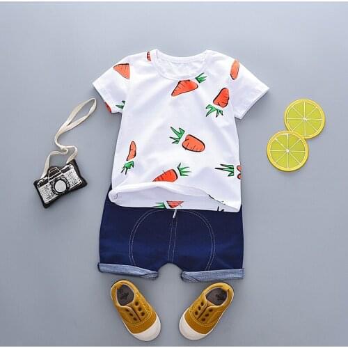 Baby Boys Girls Summer Clothes Fashion Cotton Set Printed Fruit Sports Suit Boy T-Shirt +Denim Shorts Childrens Clothing Set