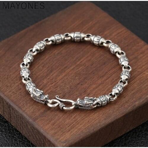Real 925 Sterling Silver Double Dragon Head Men Bracelet Vintage Punk Thai Silver Six Words Mantra Bracelets Fine Jewelry Gifts