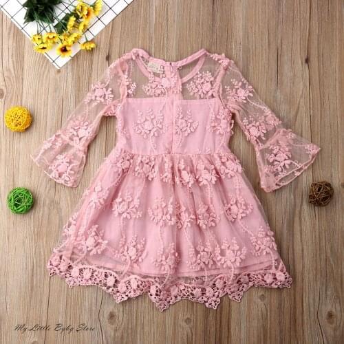 Princess Girl Wedding Party Prom Birthday Dress 2020 New Long Flare Sleeve Lace Flowers Pink Embroidery A-Line Dress 6M-5T