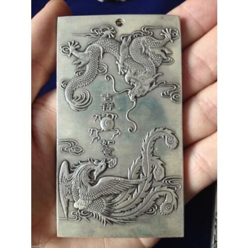 Elaborate Chinese Tibetan silver dragon phoenix statue amulet auspicious plate