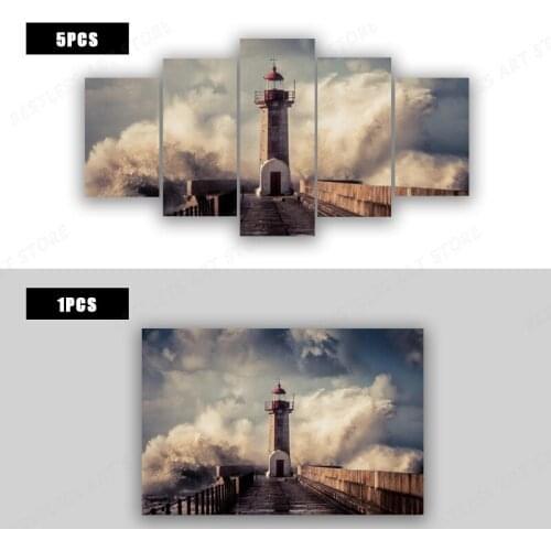 Storm waves lighthouse natural ocean pier sea sunset landscape living room home decor wall art print wood frame poster