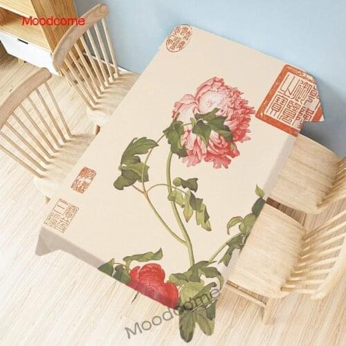 Traditional Chinese Ink Painting Flowers Floral Birds Castiglione Wall Art Desk Cover Linen Elegant Bouquet Dinning Table Cloth