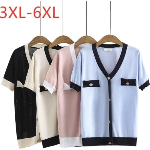 New 2021 Ladies Summer Plus Size Knit Tops For Women Large Pullover Short Sleeve Slim Elastic Blue V-neck Shirt 3XL 4XL 5XL 6XL