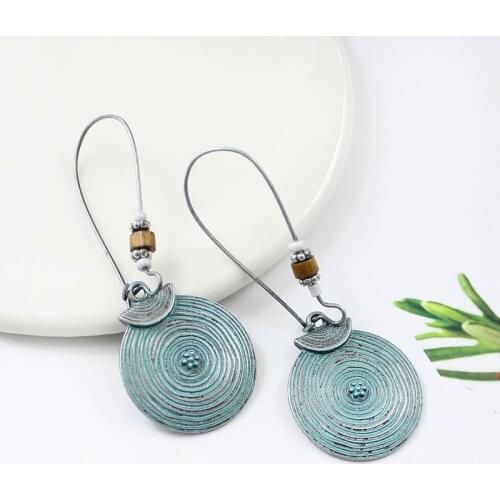 Water blue Circular spiral pattern Earrings Large hooked long earrings Bohemian female Drop Earrings woman and girl Brincos