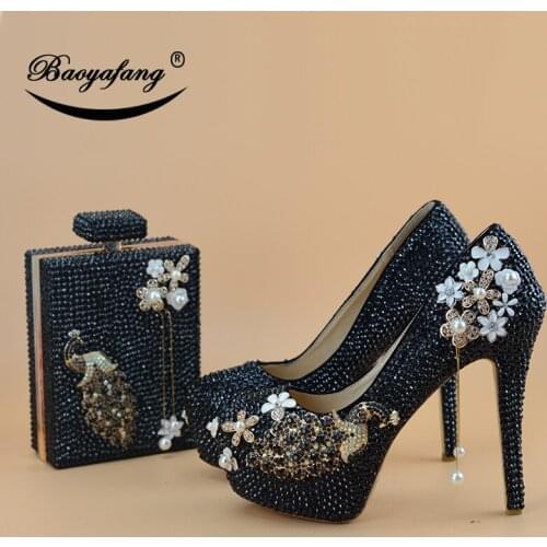 BaoYaFang Black crystal Peacock Round Toe Bridal Wedding shoes woman Thin High heel platform shoes Ladies Party Dress Pumps
