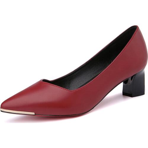 Plus Size Woman Genuine Leather Shoes Black Red Square Heels Pointed Toe Women Pumps Professional Office Career Shoes M0247