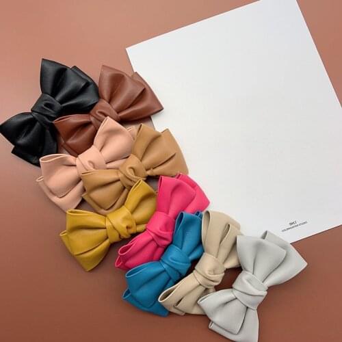 Women Big Size PU Leather Bowknot Hair Barrettes Solid Handmade Double Bows Hair Clips Quality Elegant French Clips 9 Colors