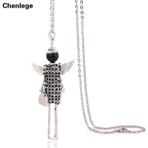 New fashion long necklace women statement doll necklaces & pendants angel wings crystal rhinestone girl gift big choker