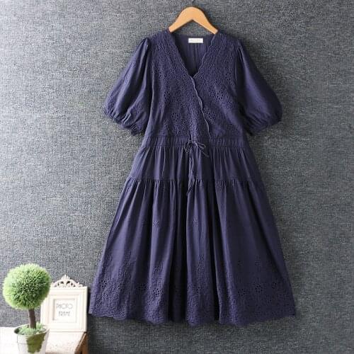 New Summer Women Dress Japan Style Mori Girl Lace V-Neck Solid Color Embroidery Short Sleeve Cotton and linen Loose Dresses
