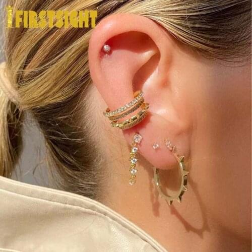 2021 New Micro Pave Clear Cz Spike Design Earring Clip Gold Color Multi Wrap Line Cubic Zirconia Paved No Piercing Ear Cuff