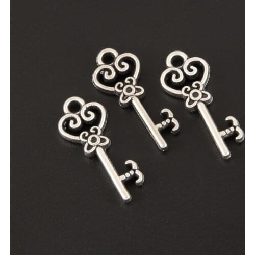 50 pcs Zinc Alloy Charms Pendants Silver Color Key Charm Fit Jewelry Necklace 25x10mm A272