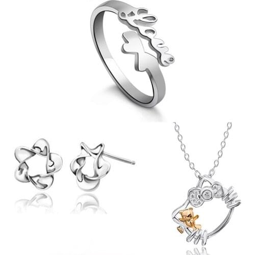 925 Sterling Silver Pin Exquisite Love Font Ring Bear Pendant Twisted Flower Earrings, Jewelry Set, Add Charm