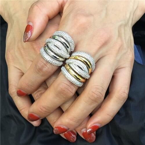 Handmade Big Across Ring Mirco Pave AAAAA Cz Stone Gold Silver Color Party wedding band ring for women men Finger Jewelry Gift