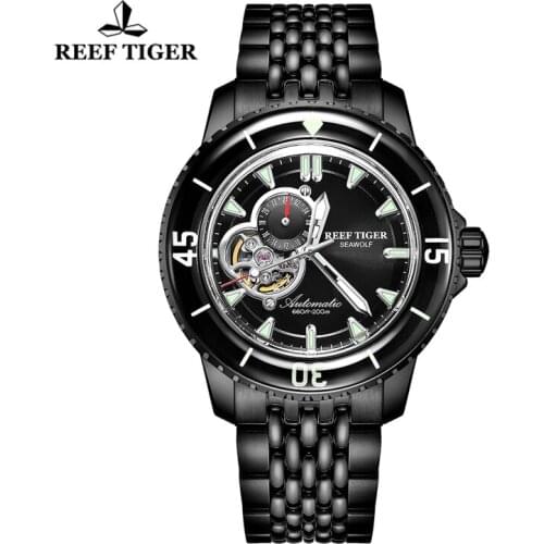Reef Tiger/RT Luxury Dive Watch For Men Automatic All Black Bracelet Watches Luminous Mechanical Watch Waterproof 200M Watches