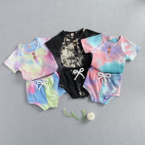 FOCUSNORM Newly Summer Infant Baby Girls Clothes Sets Tie-Dye Printed Knit Short Sleeve T Shirts Tops Shorts 3 Colors