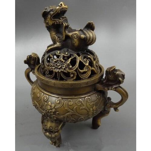 NICE CHINESE OLD 7 inch / Chinese buddhist dragon lion censer bronze hollow out the dog Garden Decoration Brass Bronzeroom Art