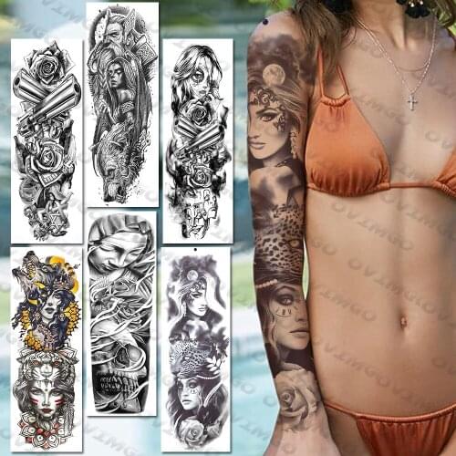 Indian Tribal Temporary Tattoos Sleeves For Women Men Fake Leopard Wolf Tiger Pistol Full Arm Tattoo Stickers Waterproof Tatoos