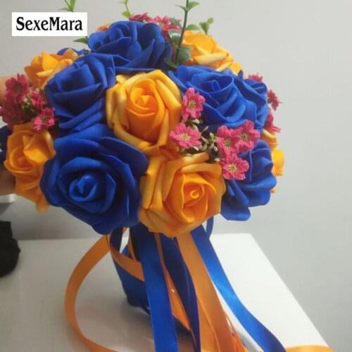 Royal Blue / Stained Orange PE Rose Bridesmaid Wedding Foam flowers Rose Bridal bouquet Ribbon Wedding bouquet de noiva
