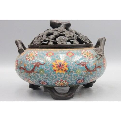 10" China Bronze Cloisonne Enamel Dragon Plum Blossom limb Incense Burner Censer