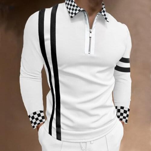 2021 Autumn Streetwear Mens Fashion Patchwork Long Sleeve Polo Shirts Casual Turn-down Collar Zipper Tops Men Slim Polo Shirts