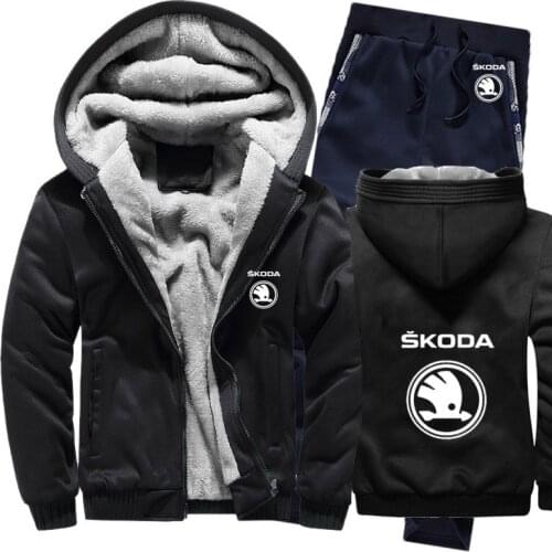 2021 Hoodies Men Skoda Car Logo Mens Hoodies Suit Winter Thicken Warm Fleece cotton Zipper Tracksuit Mens Jacket+Pants Sets