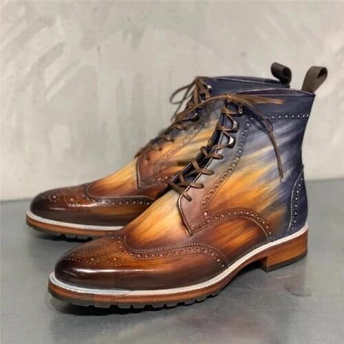 Men Vintage British Military Boots Gradient Leather Lace Up Flats Winter Chelsea Botas Male Casual Driving Shoes Plus Size 38-48