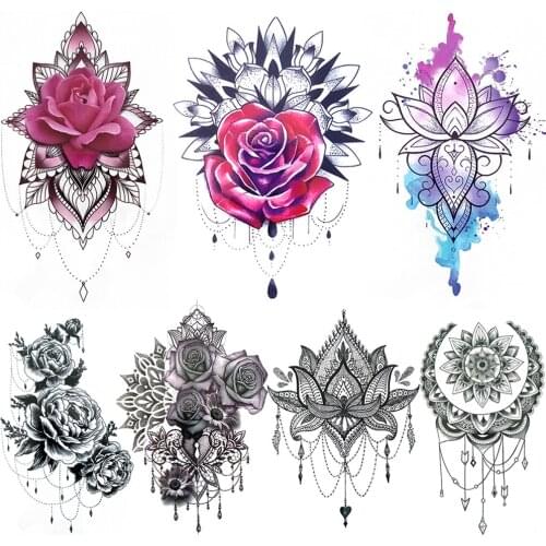 Rose Henna Flower Temporary Tattoos For Women Watercolor Lotus Tattoo Fake Jewelry Pendants Waterproof Tatoo Chest Back Camellia